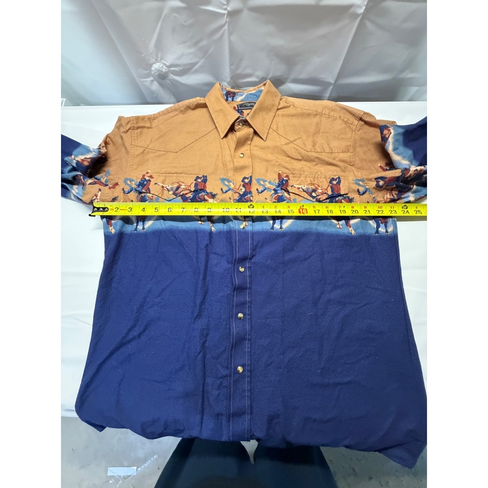 Roper Mens Western Shirt Large Blue Tan Rodeo Cowboy Graphic Pearl Snap Cotton - Picture 5 of 7